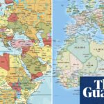Two maps side by side, one showing Africa as it appears on the traditional world map, and the other showing it much larger in relation to Europe.