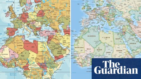 Two maps side by side, one showing Africa as it appears on the traditional world map, and the other showing it much larger in relation to Europe.