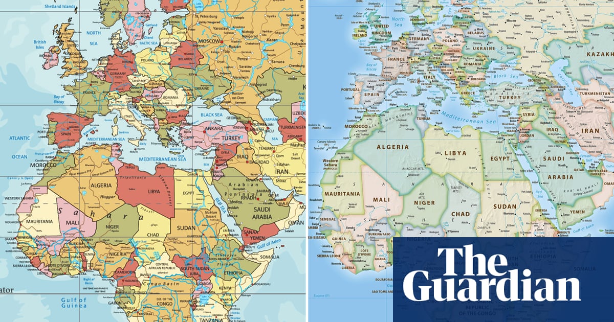 Two maps side by side, one showing Africa as it appears on the traditional world map, and the other showing it much larger in relation to Europe.