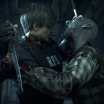 RE2 protagonist Leon Kennedy attempts to fend off a zombie with his combat knife.