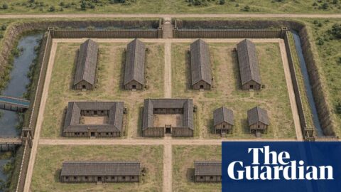 A computer-generated image of a square fort surrounded by a moat