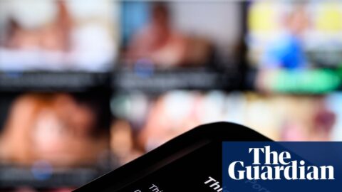 A smartphone screen displays a Pornhub age-restriction warning in a close-up with a blurred background