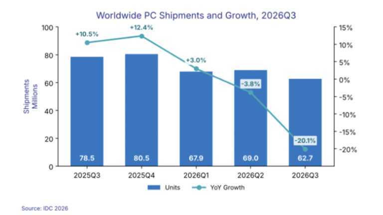 Graph showing the quarterly results for worldwide PC shipments and growth over the last five quarters, ending with Q3 2026.